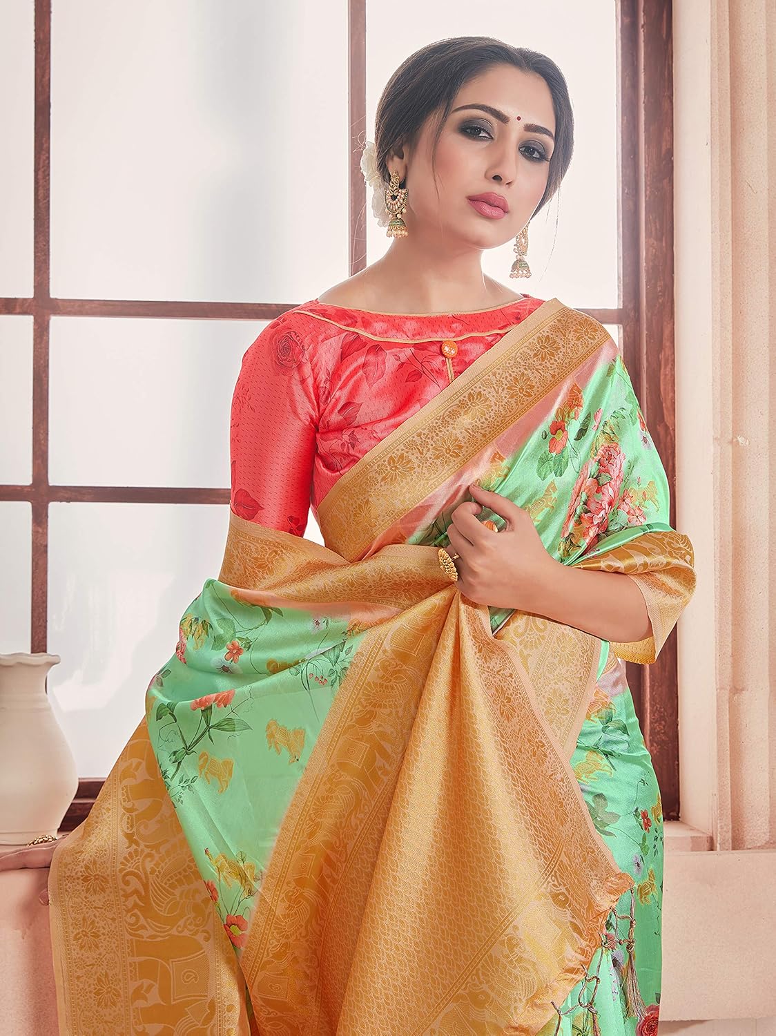 Sarees for Women Banarasi Art Silk Digital Print Sari With Zari Resham Woven Border - Indian Gift Saree & Unstitched Blouse