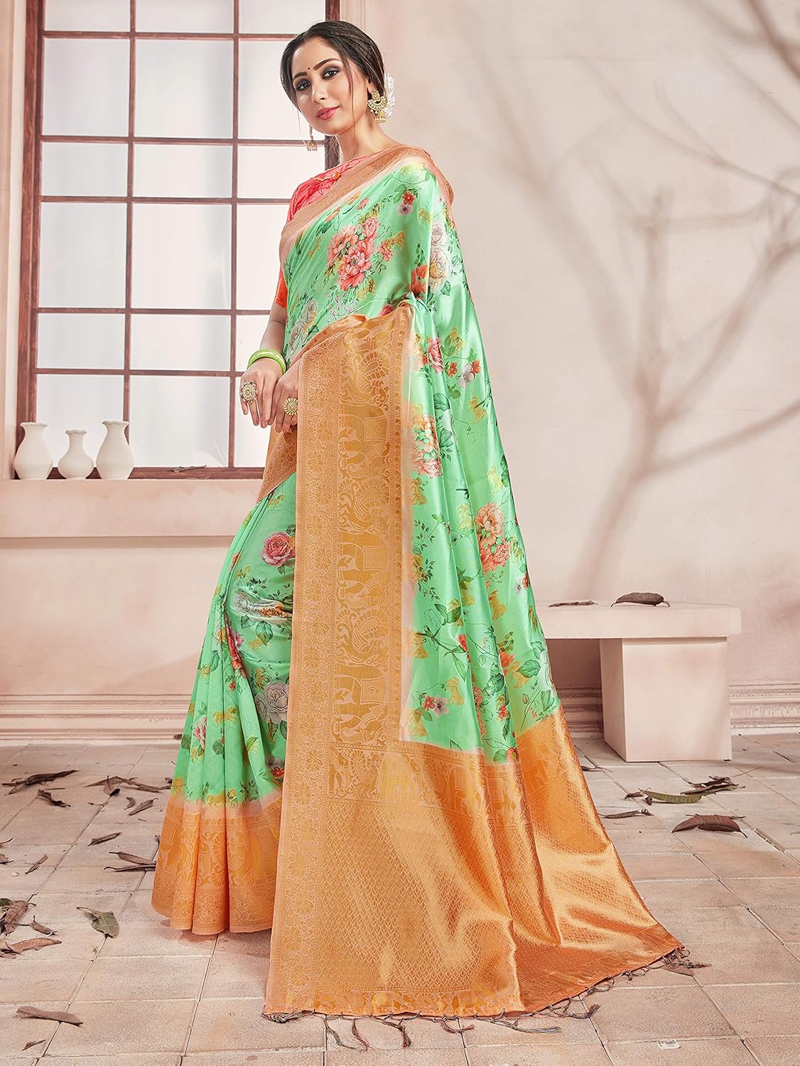 Sarees for Women Banarasi Art Silk Digital Print Sari With Zari Resham Woven Border - Indian Gift Saree & Unstitched Blouse