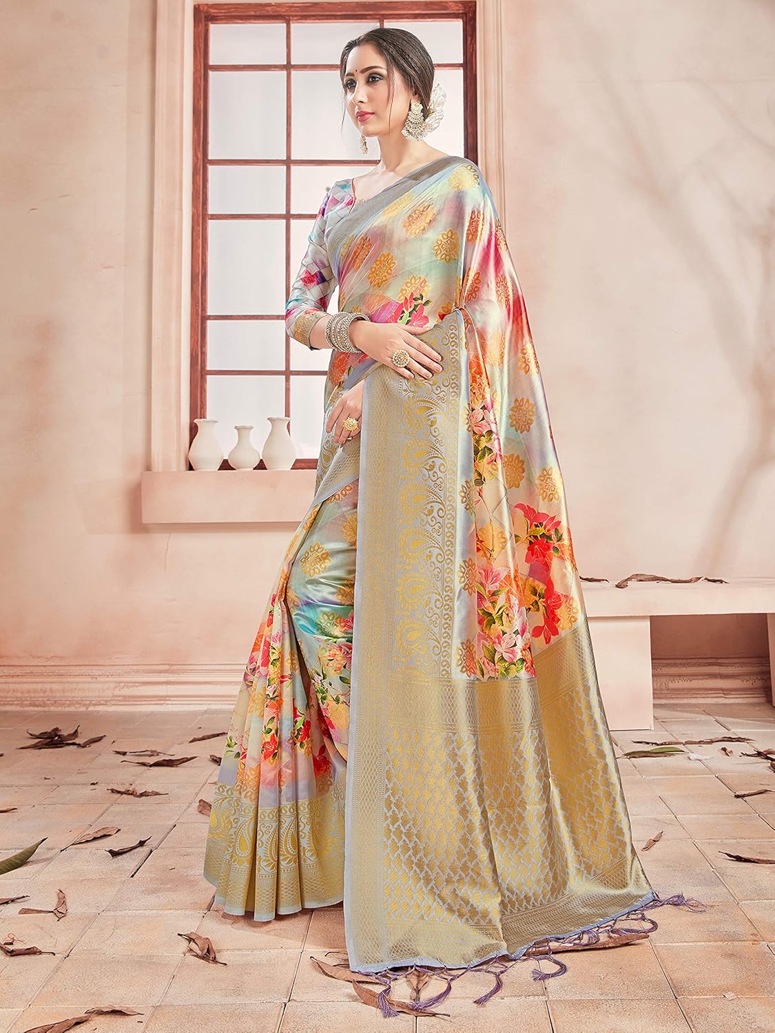 Sarees for Women Banarasi Art Silk Digital Print Sari With Zari Resham Woven Border - Indian Gift Saree & Unstitched Blouse