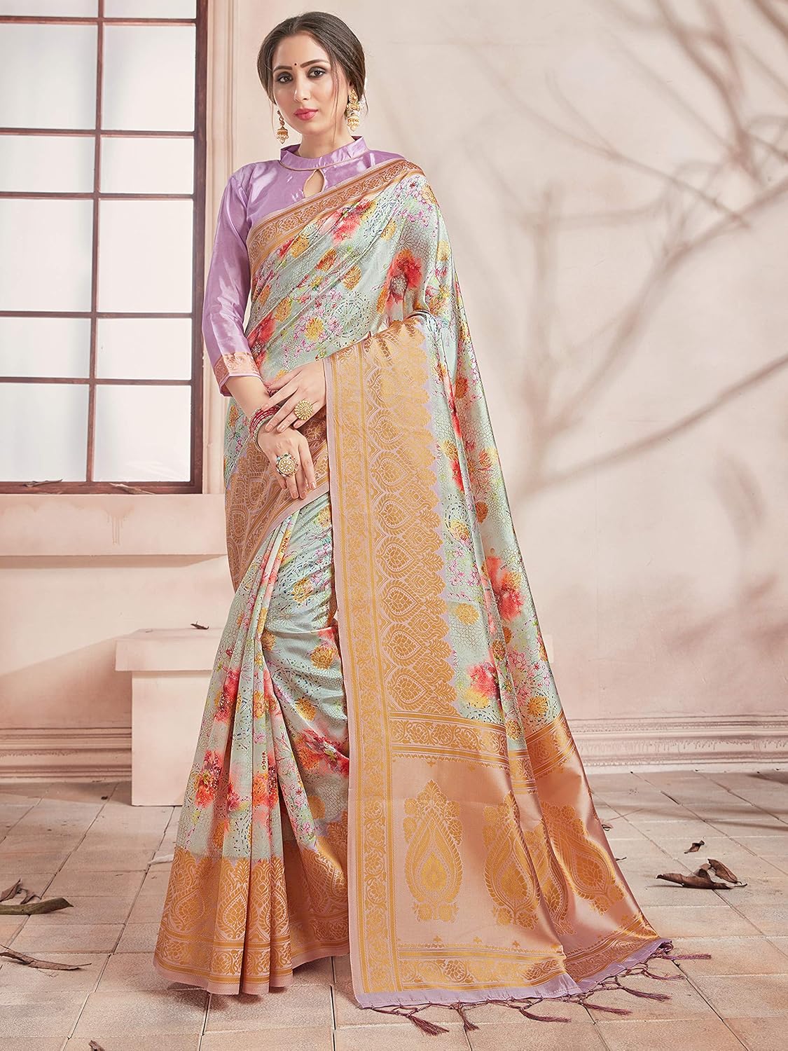 Sarees for Women Banarasi Art Silk Digital Print Sari With Zari Resham Woven Border - Indian Gift Saree & Unstitched Blouse