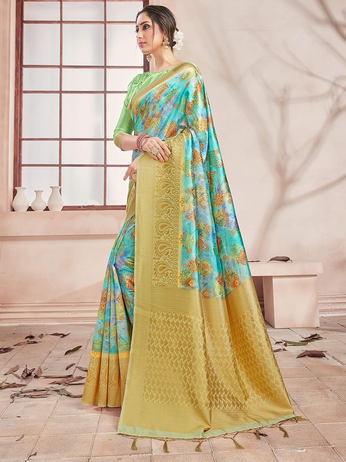 Sarees for Women Banarasi Art Silk Digital Print Sari With Zari Resham Woven Border - Indian Gift Saree & Unstitched Blouse