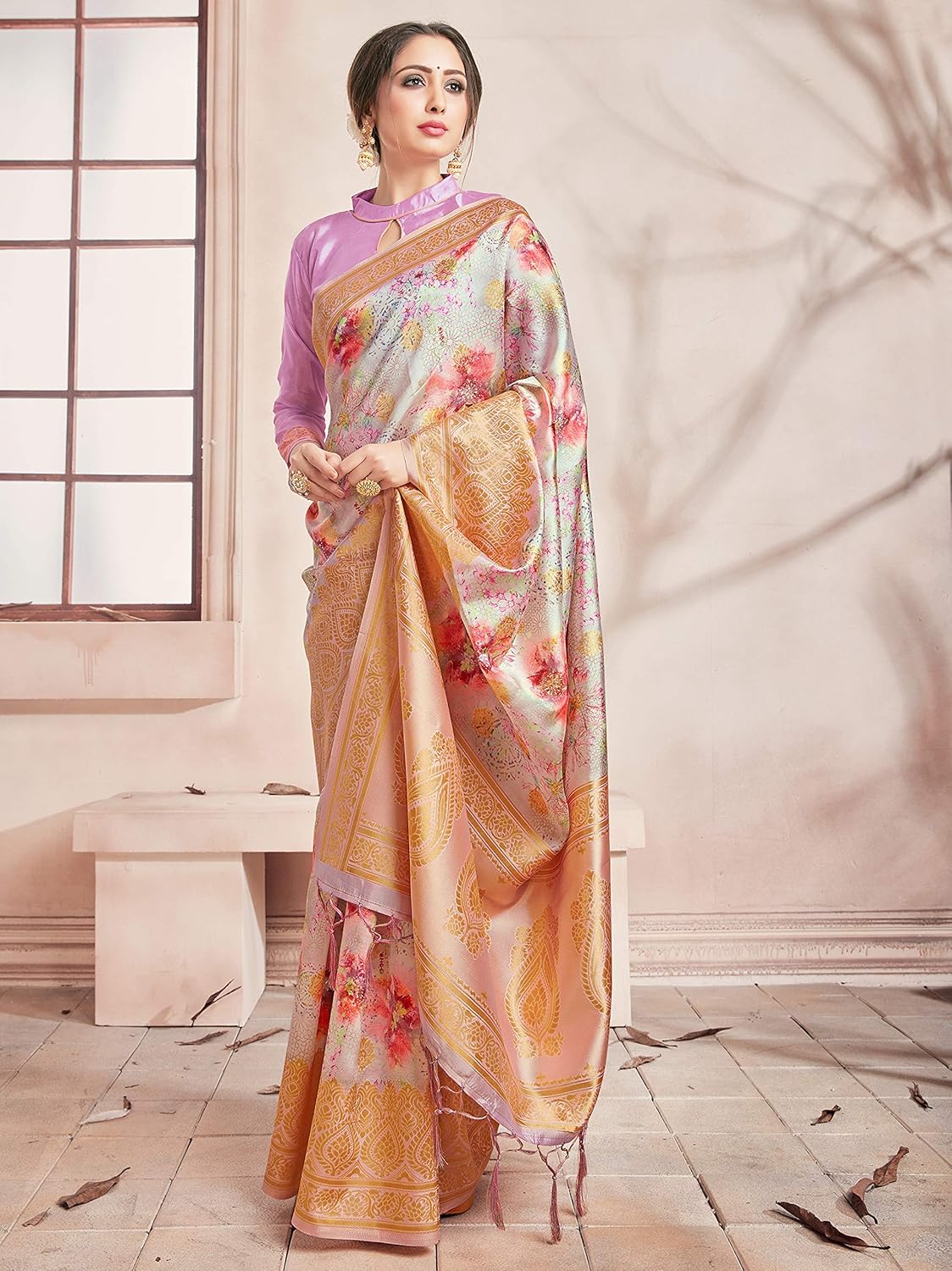 Sarees for Women Banarasi Art Silk Digital Print Sari With Zari Resham Woven Border - Indian Gift Saree & Unstitched Blouse