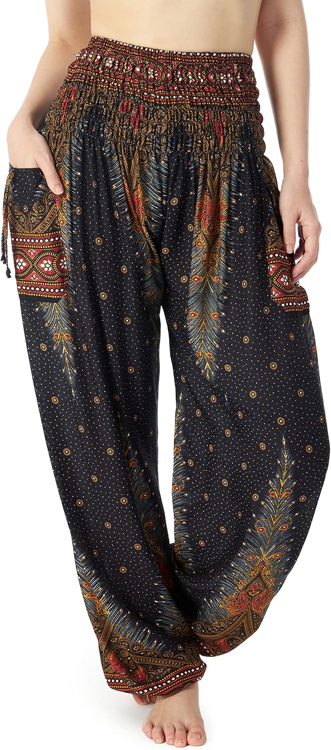 Lannaclothesdesign Women's Smocked Waist Boho Flowy Yoga Harem Pants Hippie Clothes