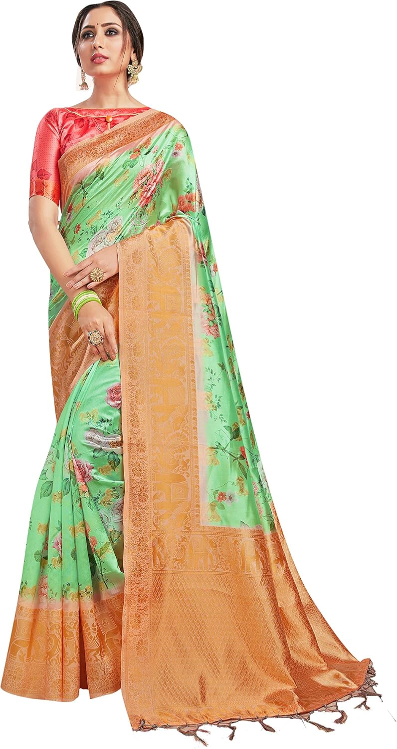 Sarees for Women Banarasi Art Silk Digital Print Sari With Zari Resham Woven Border - Indian Gift Saree & Unstitched Blouse