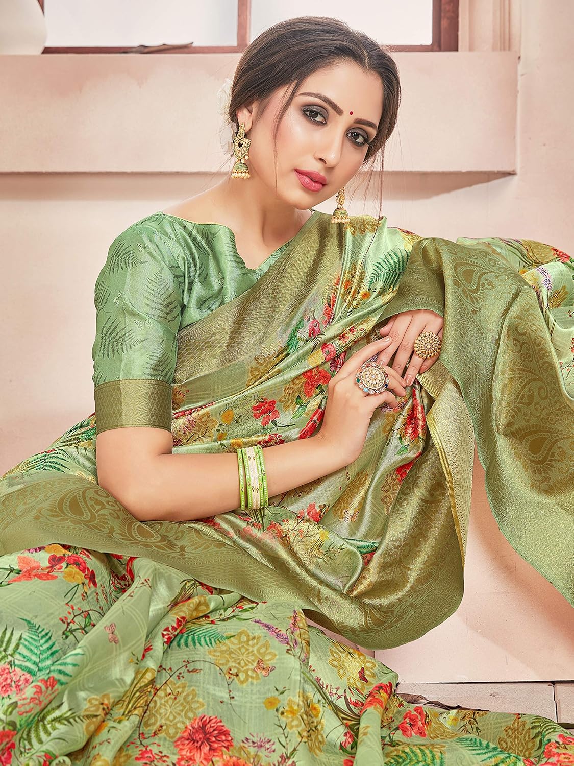 Sarees for Women Banarasi Art Silk Digital Print Sari With Zari Resham Woven Border - Indian Gift Saree & Unstitched Blouse