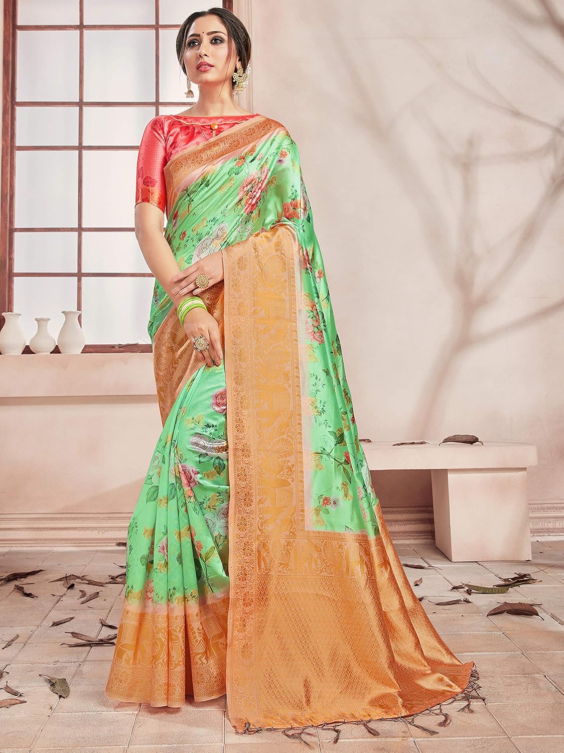 Sarees for Women Banarasi Art Silk Digital Print Sari With Zari Resham Woven Border - Indian Gift Saree & Unstitched Blouse