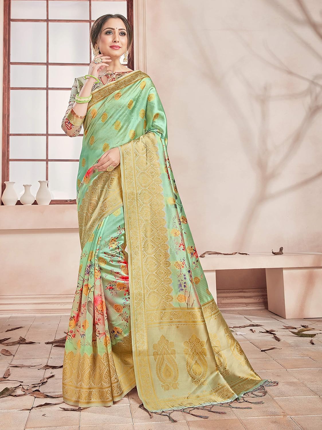 Sarees for Women Banarasi Art Silk Digital Print Sari With Zari Resham Woven Border - Indian Gift Saree & Unstitched Blouse