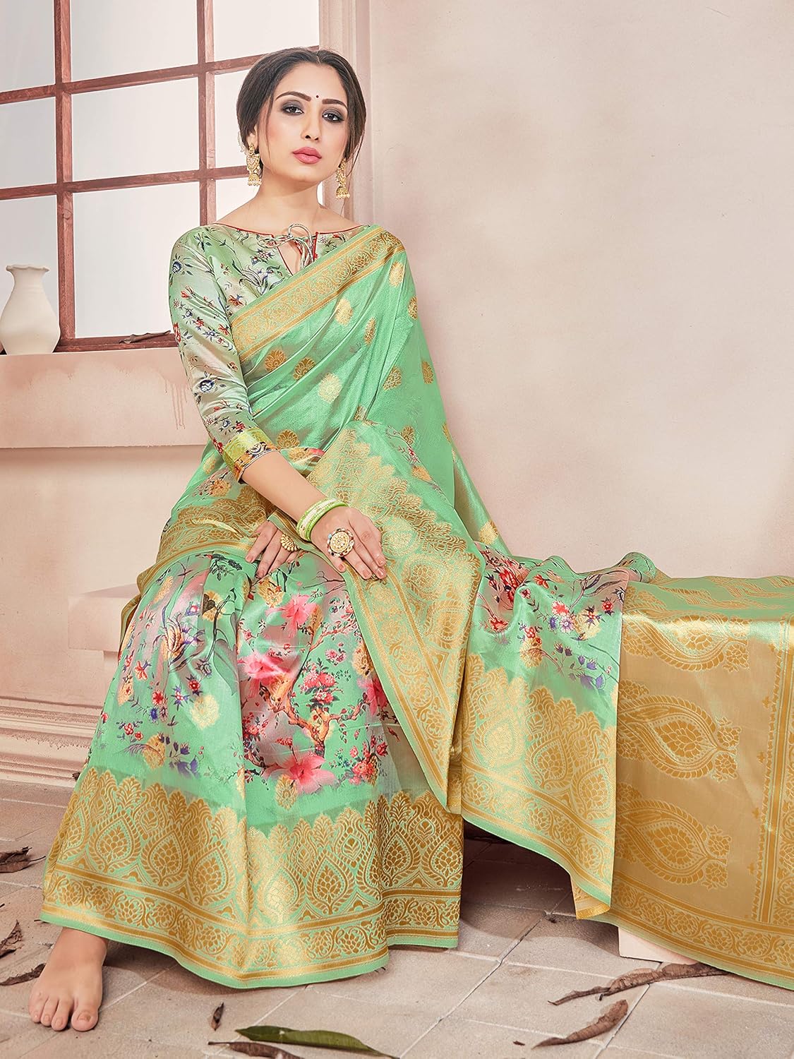 Sarees for Women Banarasi Art Silk Digital Print Sari With Zari Resham Woven Border - Indian Gift Saree & Unstitched Blouse