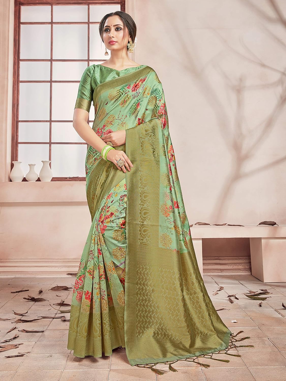 Sarees for Women Banarasi Art Silk Digital Print Sari With Zari Resham Woven Border - Indian Gift Saree & Unstitched Blouse