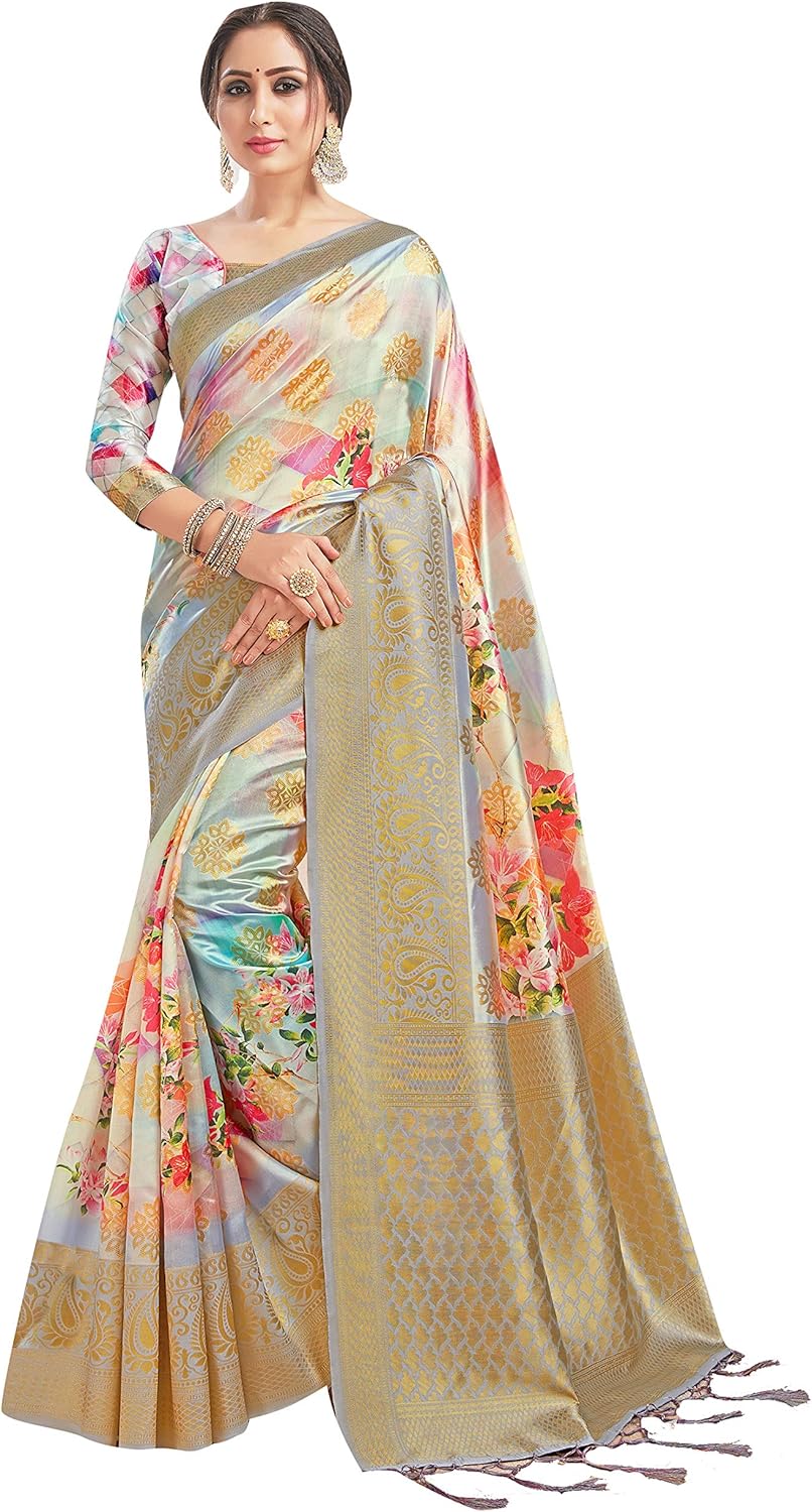 Sarees for Women Banarasi Art Silk Digital Print Sari With Zari Resham Woven Border - Indian Gift Saree & Unstitched Blouse