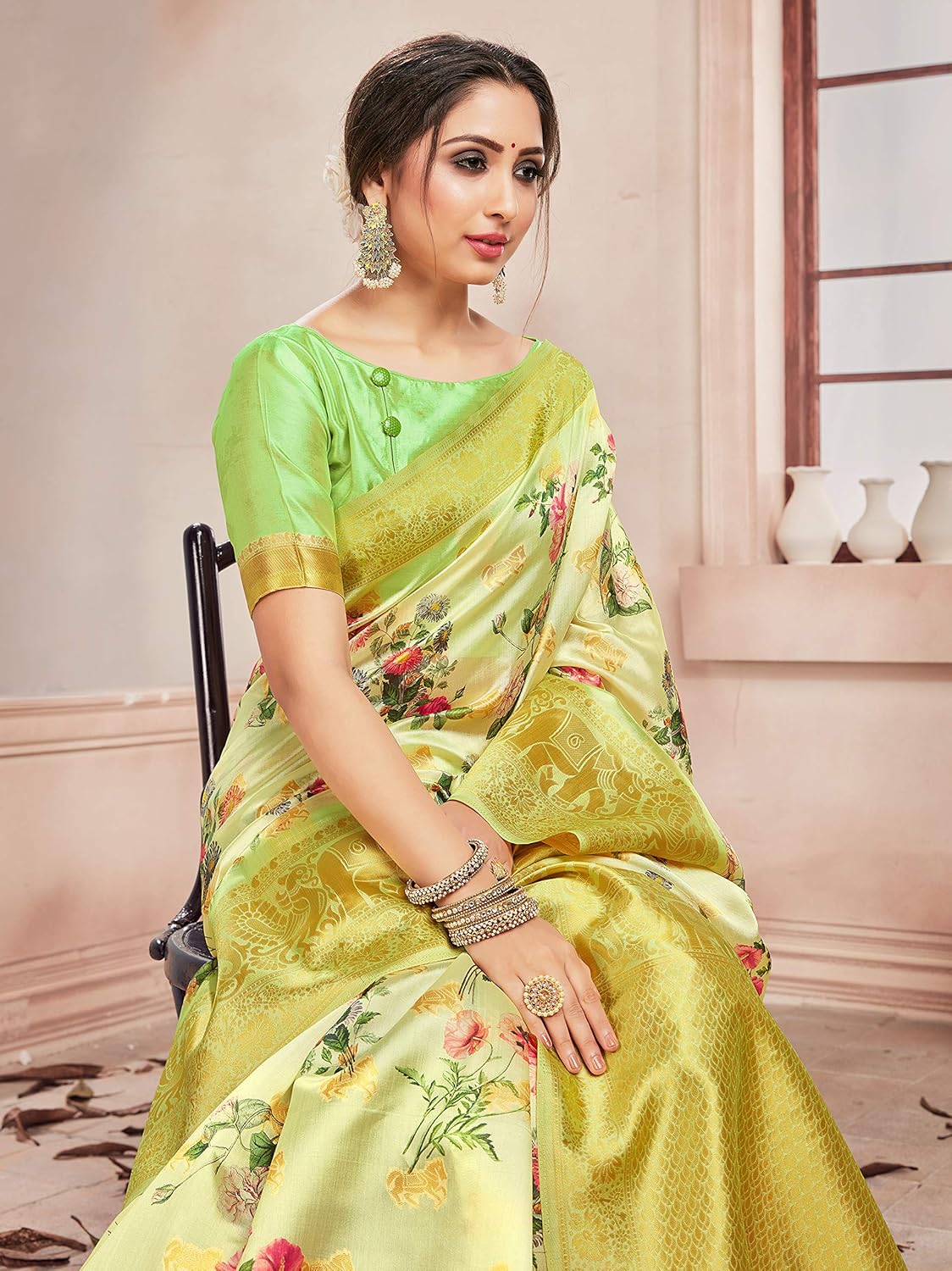 Sarees for Women Banarasi Art Silk Digital Print Sari With Zari Resham Woven Border - Indian Gift Saree & Unstitched Blouse