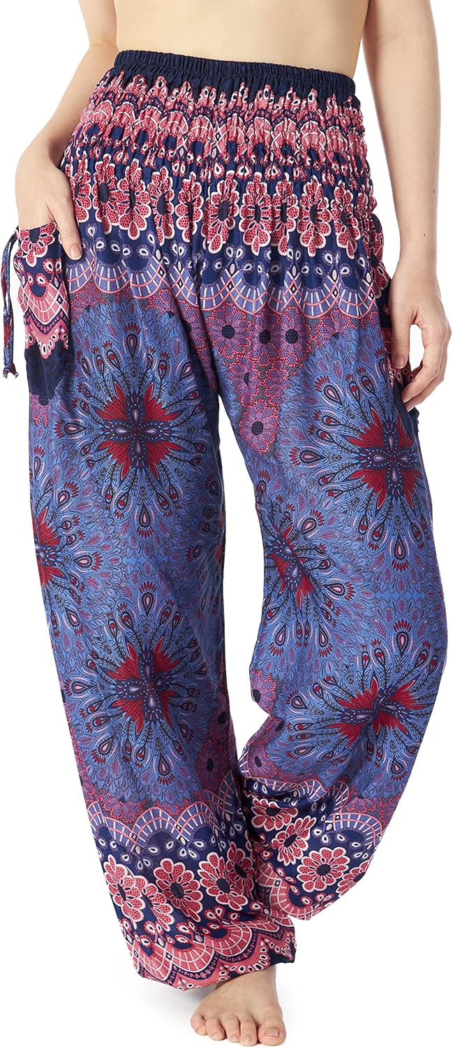 Lannaclothesdesign Women's Smocked Waist Boho Flowy Yoga Harem Pants Hippie Clothes