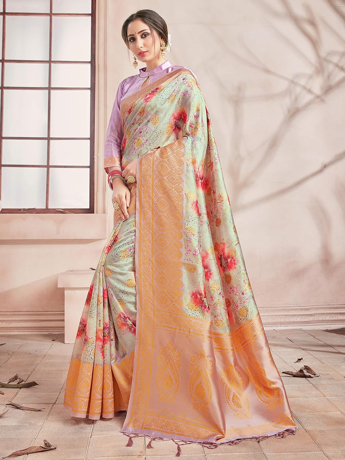 Sarees for Women Banarasi Art Silk Digital Print Sari With Zari Resham Woven Border - Indian Gift Saree & Unstitched Blouse