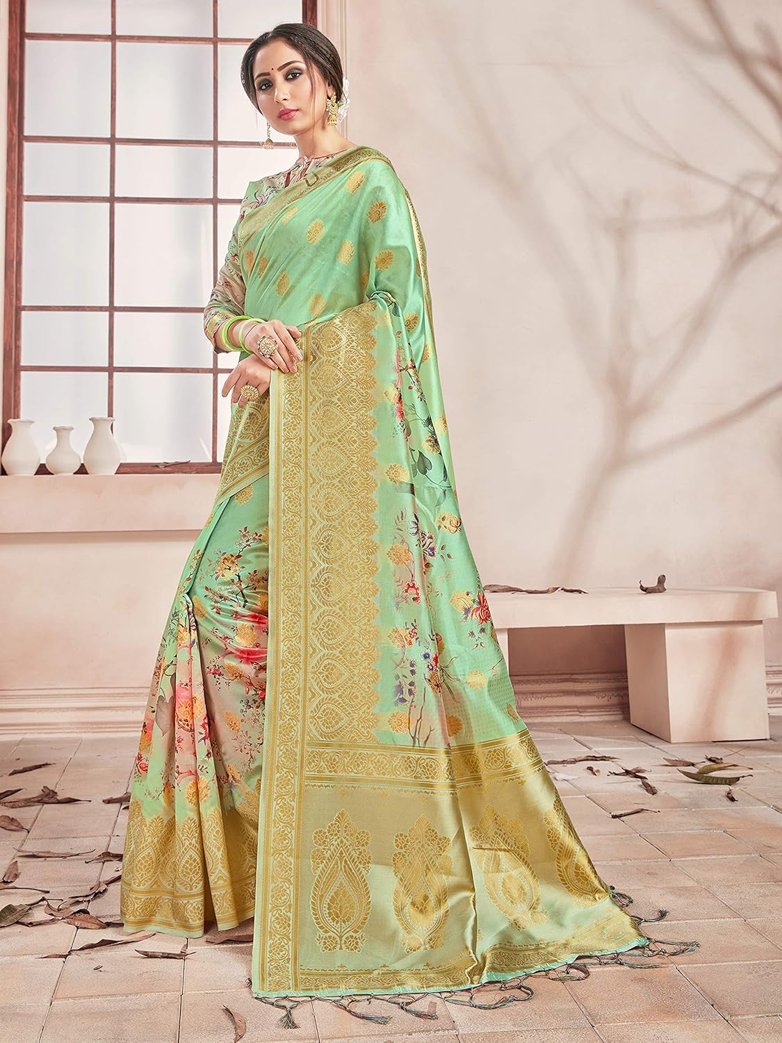 Sarees for Women Banarasi Art Silk Digital Print Sari With Zari Resham Woven Border - Indian Gift Saree & Unstitched Blouse