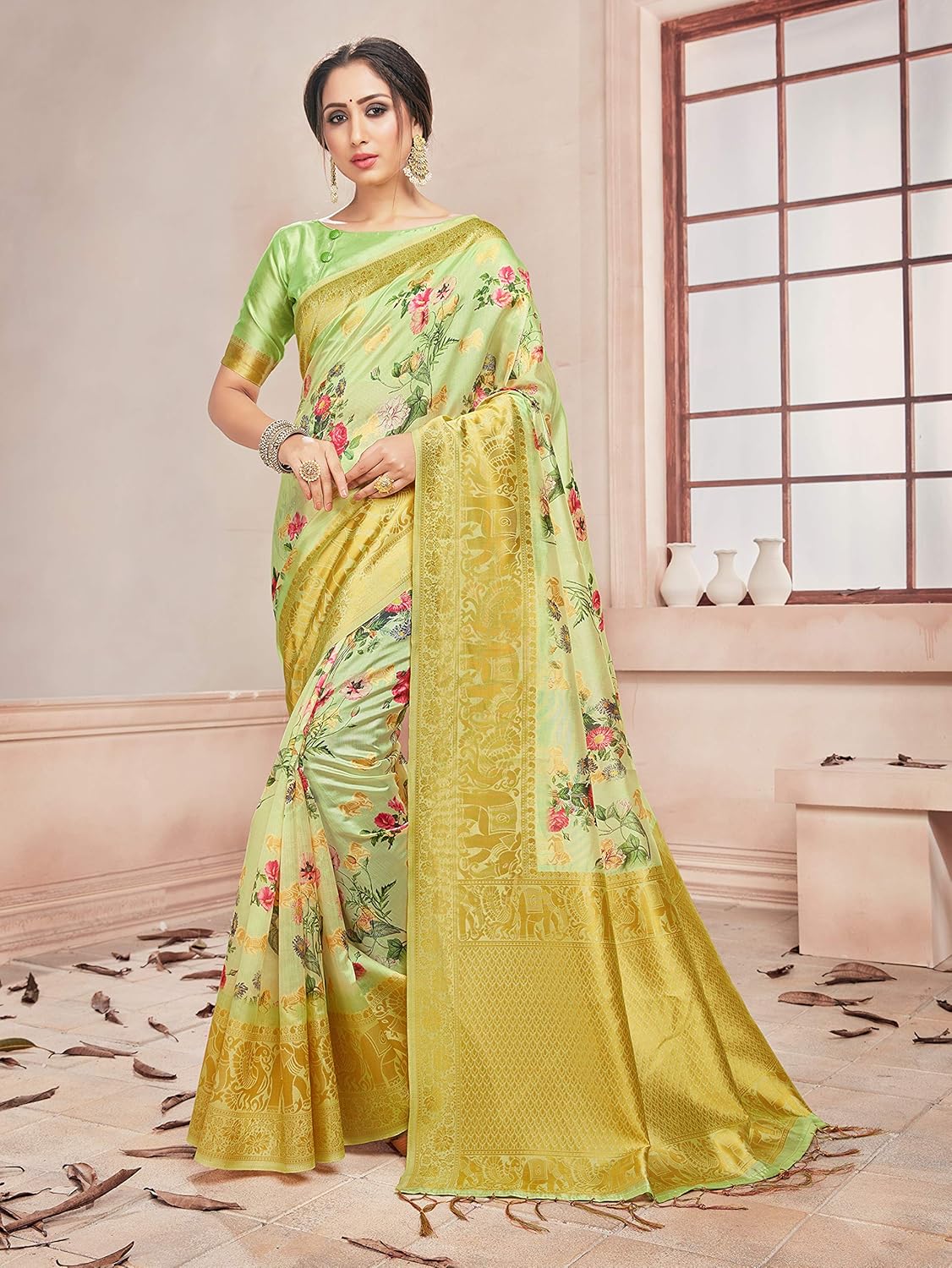 Sarees for Women Banarasi Art Silk Digital Print Sari With Zari Resham Woven Border - Indian Gift Saree & Unstitched Blouse