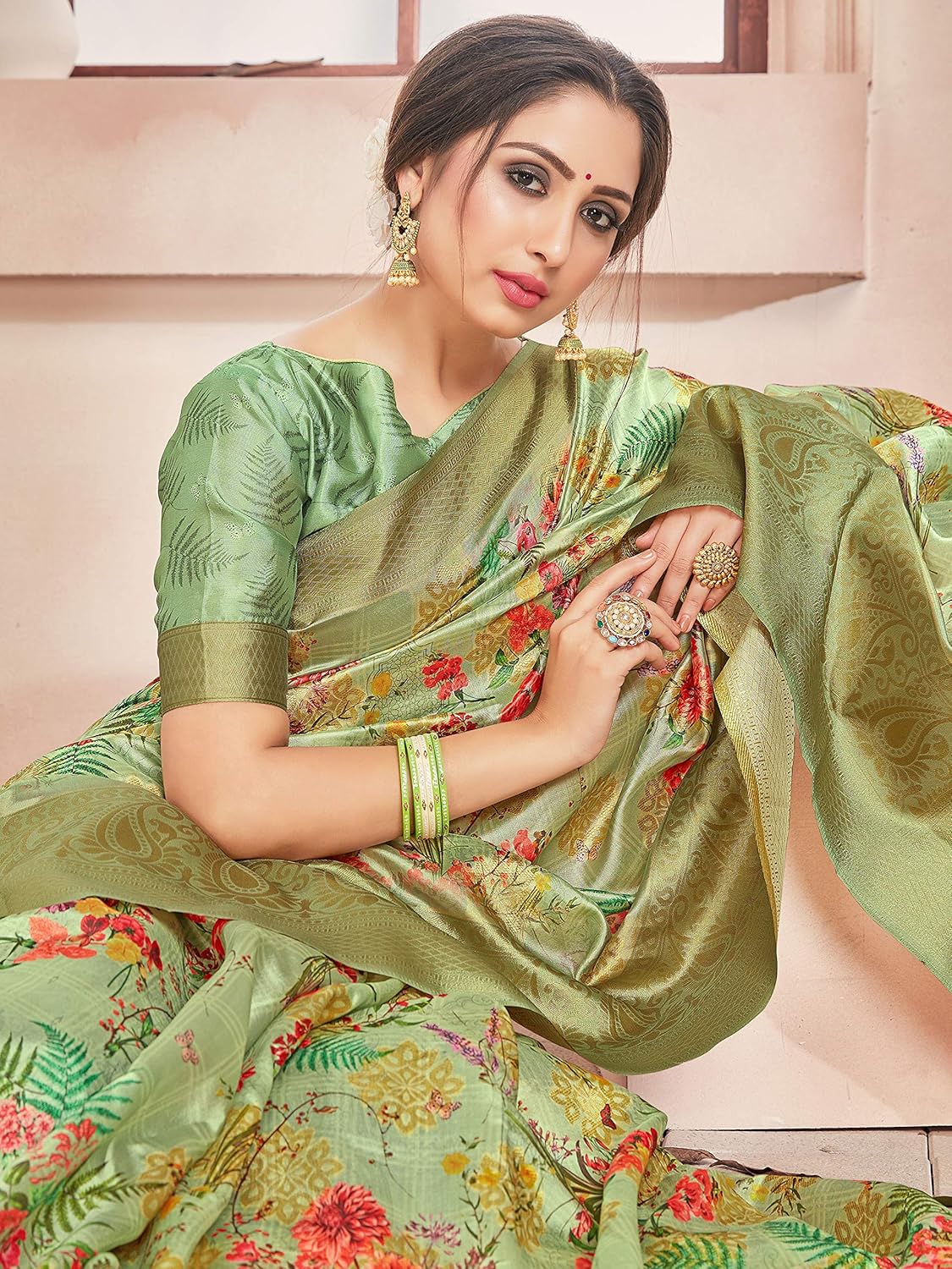 Sarees for Women Banarasi Art Silk Digital Print Sari With Zari Resham Woven Border - Indian Gift Saree & Unstitched Blouse