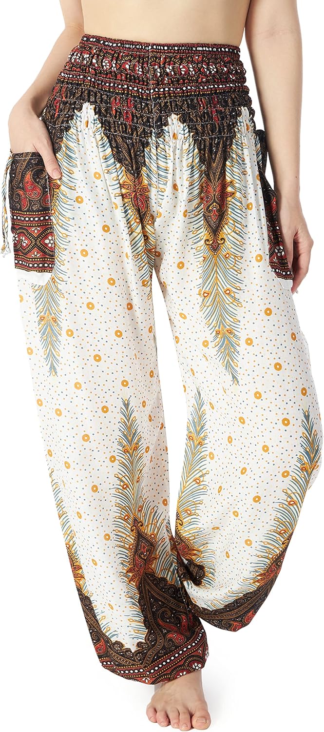 Lannaclothesdesign Women's Smocked Waist Boho Flowy Yoga Harem Pants Hippie Clothes