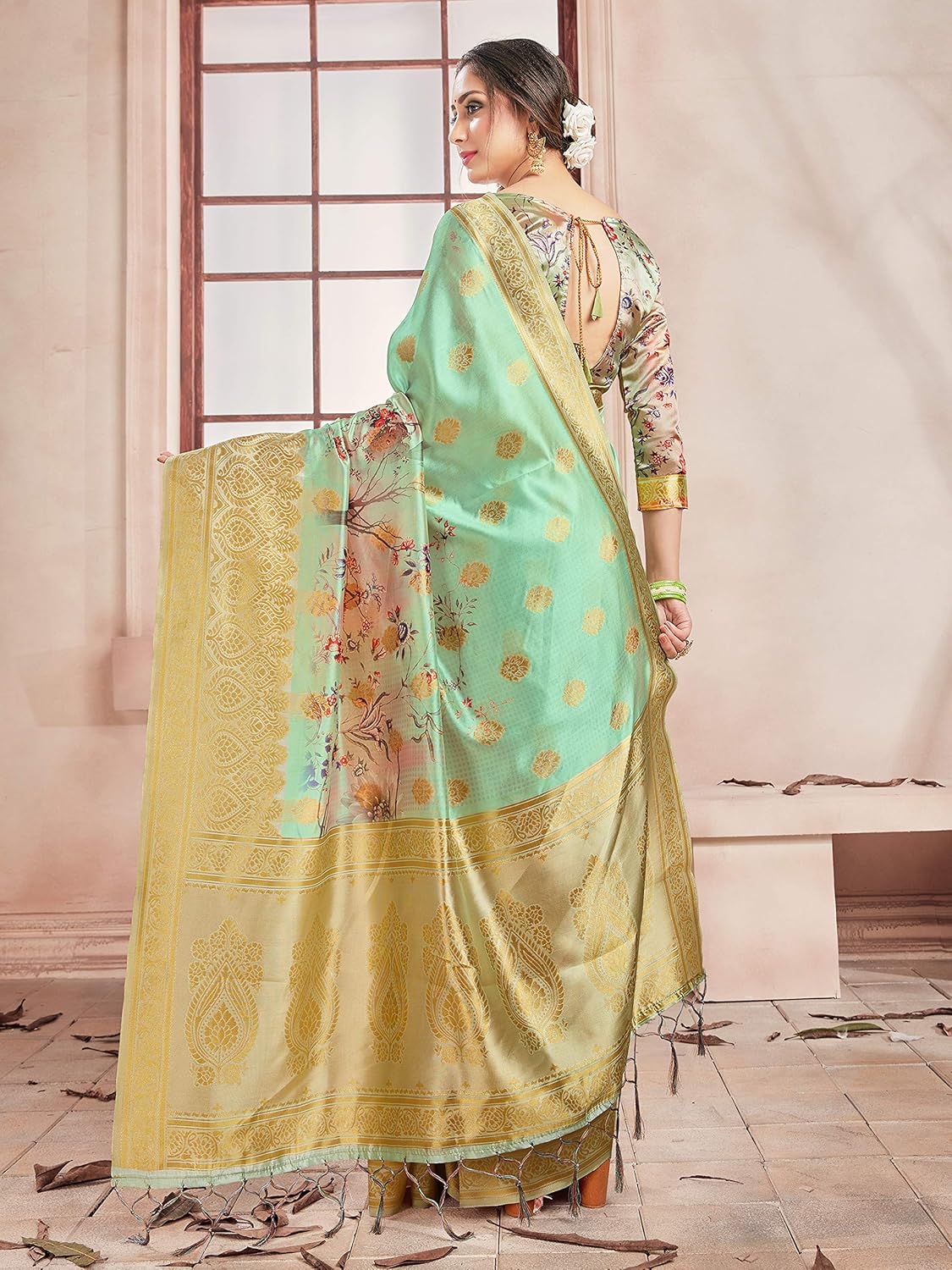 Sarees for Women Banarasi Art Silk Digital Print Sari With Zari Resham Woven Border - Indian Gift Saree & Unstitched Blouse