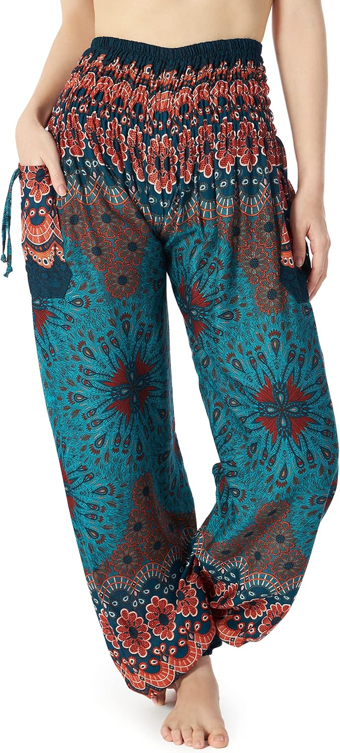 Lannaclothesdesign Women's Smocked Waist Boho Flowy Yoga Harem Pants Hippie Clothes