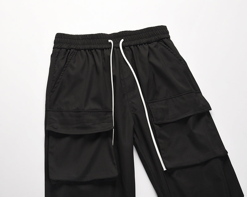 European And American High Street Dark Black Multi-pocket Zipper Pocket Pant