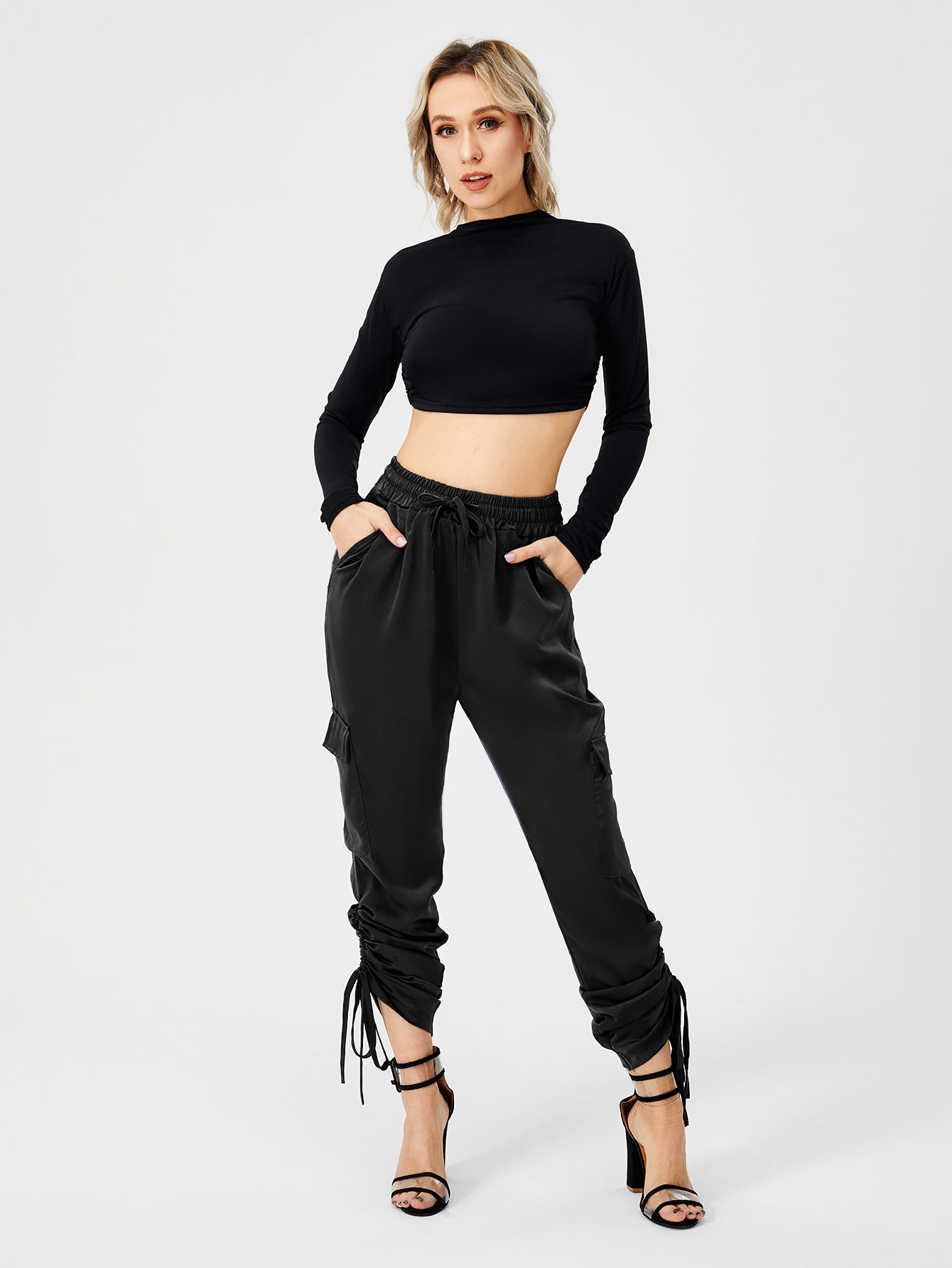 Women's Satin Jogger Pants Casual High Waist Long Lounge Pant Trousers With Pockets